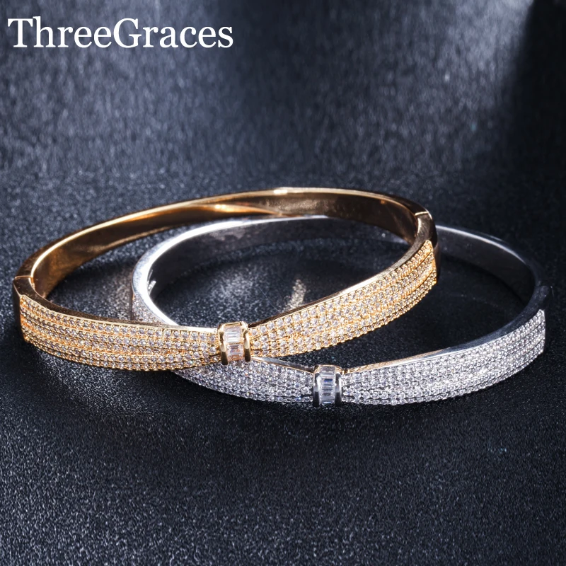 

ThreeGraces New Micro Paved Cubic Zirconia Crystal Stone Silver and Gold Color Bowknot Shape Cuff Bangle for Women Gift BA023