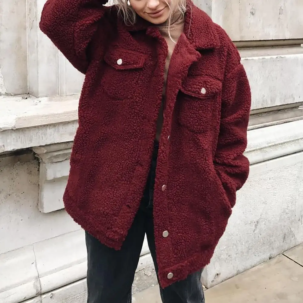 

Winter Solid Color Furry Warm Long Sleeve Lapel Coat Women Buttons Outerwear