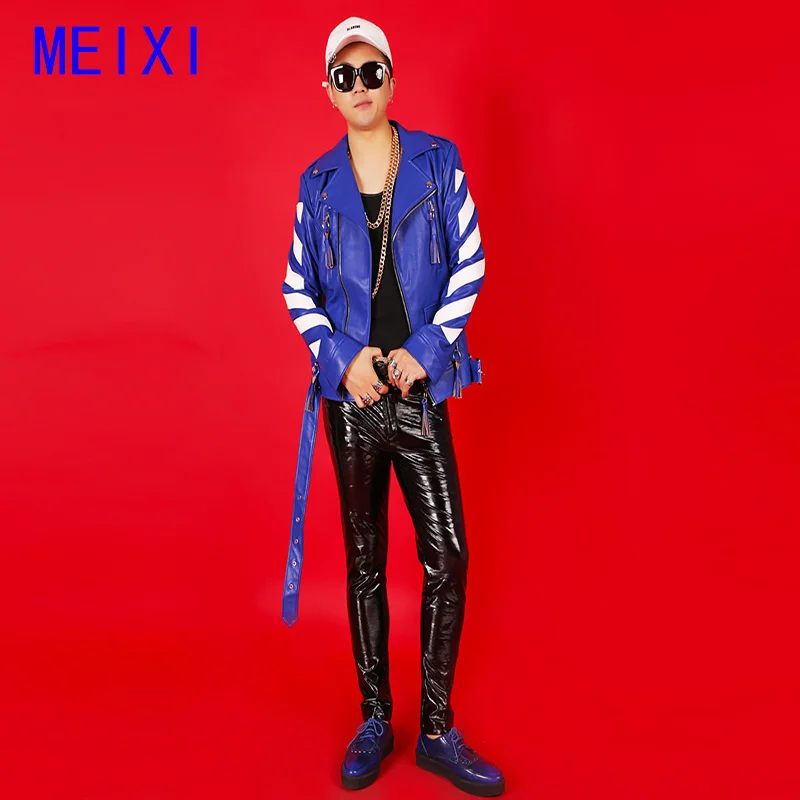 

Blue jacket motorcycle leather style rock DJ male singer performs clothing nightclub DS hip hop