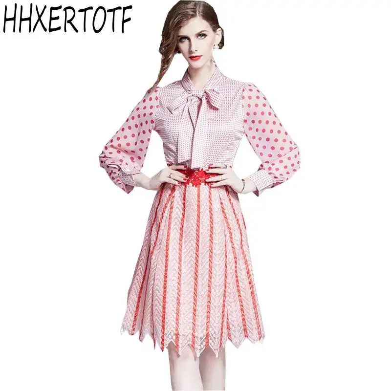 

2019 summer Women's Elegant Dot Printing Patchwork Lace Dress Bow Collar Vacation Dresses