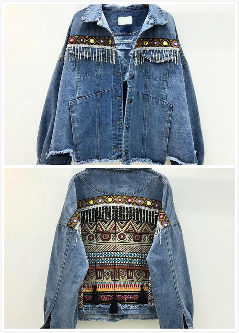 awesome Spring Vintage Denim Female Jacket Tassel Embroidery Coat Female Loose Long sleeve Jacket for women