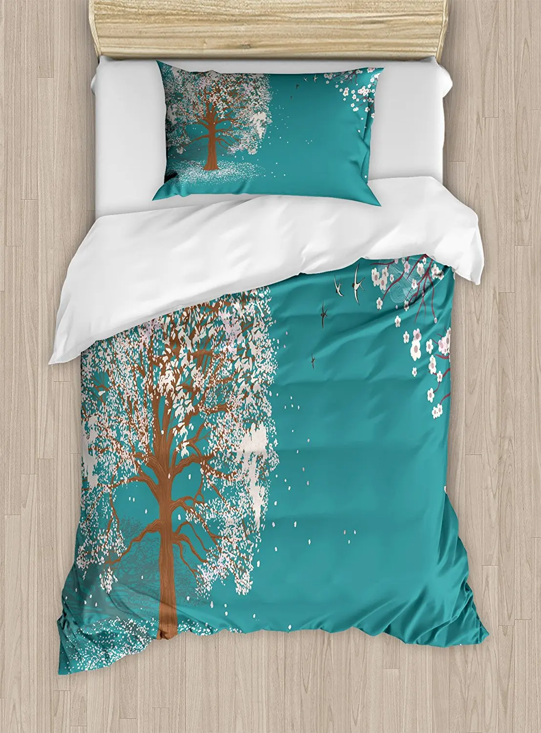 Spring Duvet Cover Set Illustration of Blooming Tree Branches Abstract