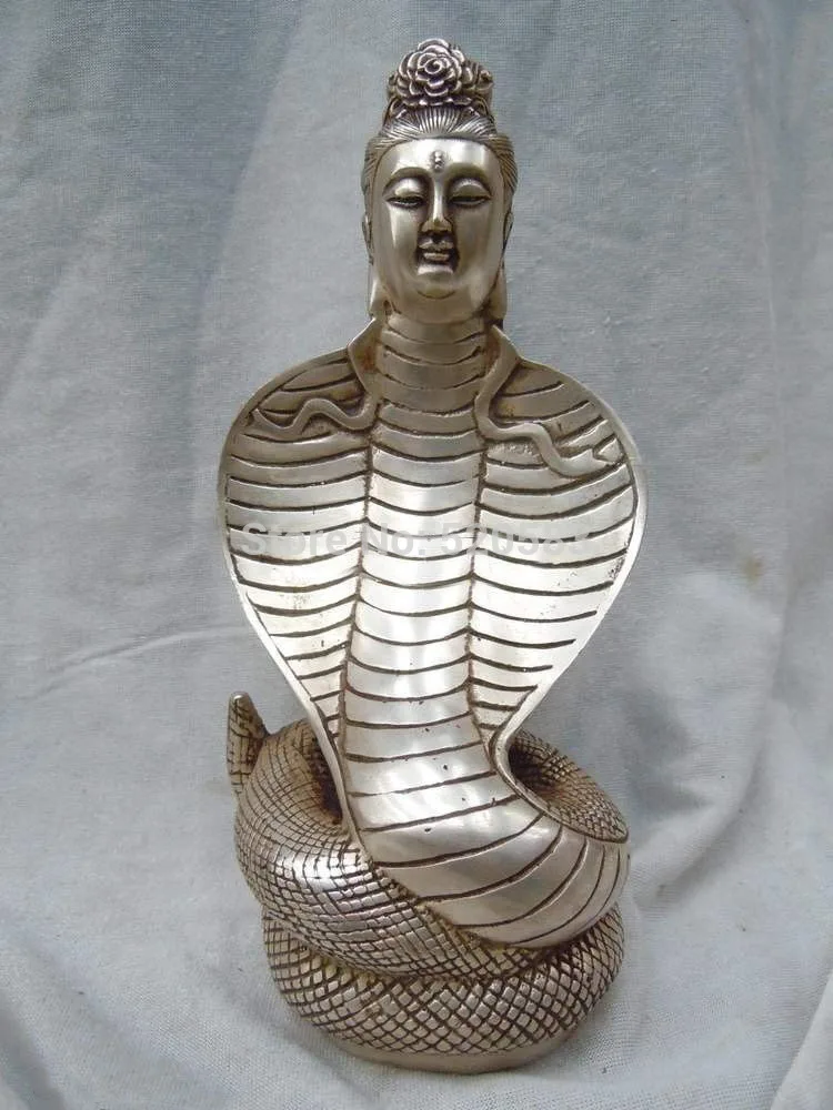 

free China silver carved finely snake buddha Sculpture statue fast