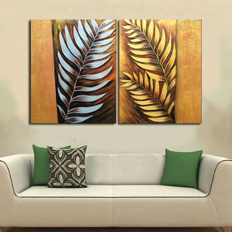 

Hand-painted Abstract Leaf Oil Paintings on Canvas Modern Gold Silver Pictures Sets 2 Piece Wall Painting Home Decorativos Arts