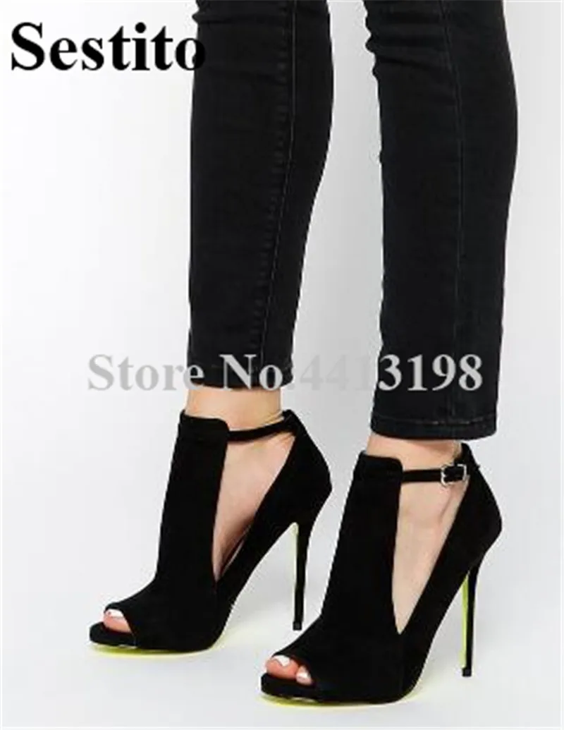 

2019 European Sexy Solid T-tied Hollow Peep Toe Sandals Stiletto Heel Basic Super Ankle Buckle Thin Heels Cover Heel Women Shoes