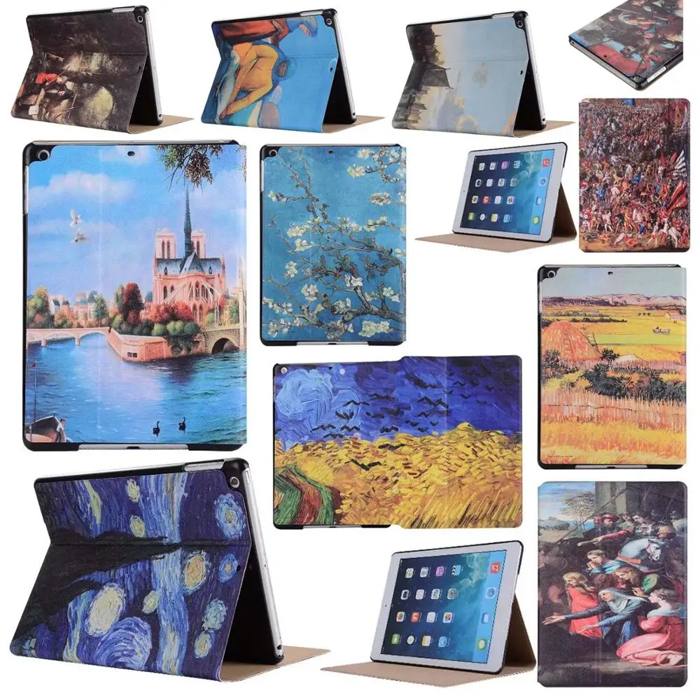 

Slim Print Flip Stand Leather Skin Capa Shell Cover Funda Case For Apple iPad 9.7 2018 2017 Generation Tablet Coque +Film +Pen