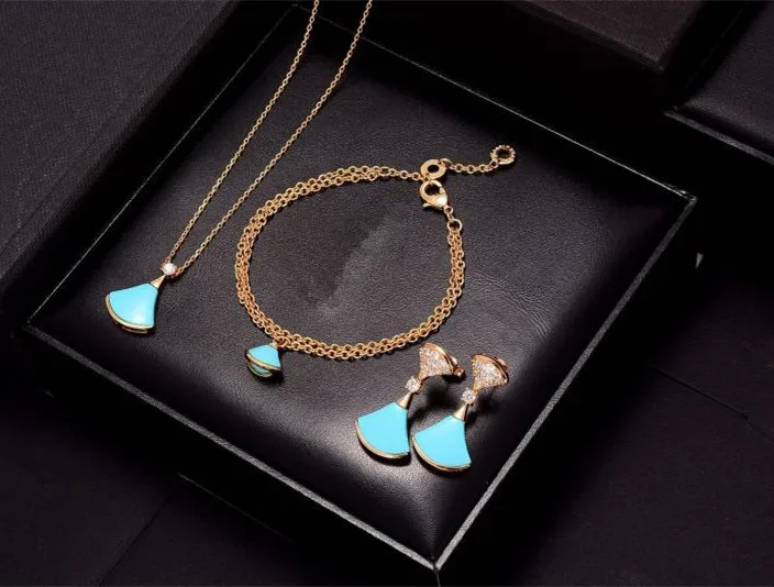 

Brand pure 925 sterling silver jewelry set women Mother Shell Pearl Fan Bracelet necklace earrings Wedding Jewelry blue color