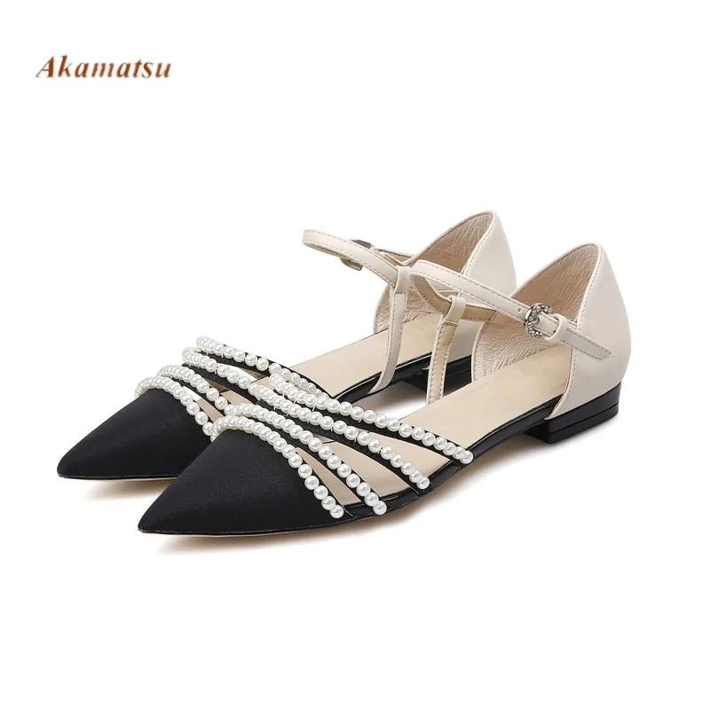 

Pointed Toe Cut-outs Bead Buckle Strap Women Sandals Cover Heels Party Flats Mix Colors Patchwork Crystal Decor Elegant Shoes