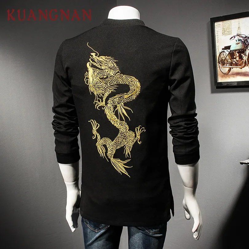 

KUANGNAN Chinese Style Men Jacket Coat Dragon Embroidery Streetwear Men Jacket Coat Black Winter Jacket Men Clothes 2018