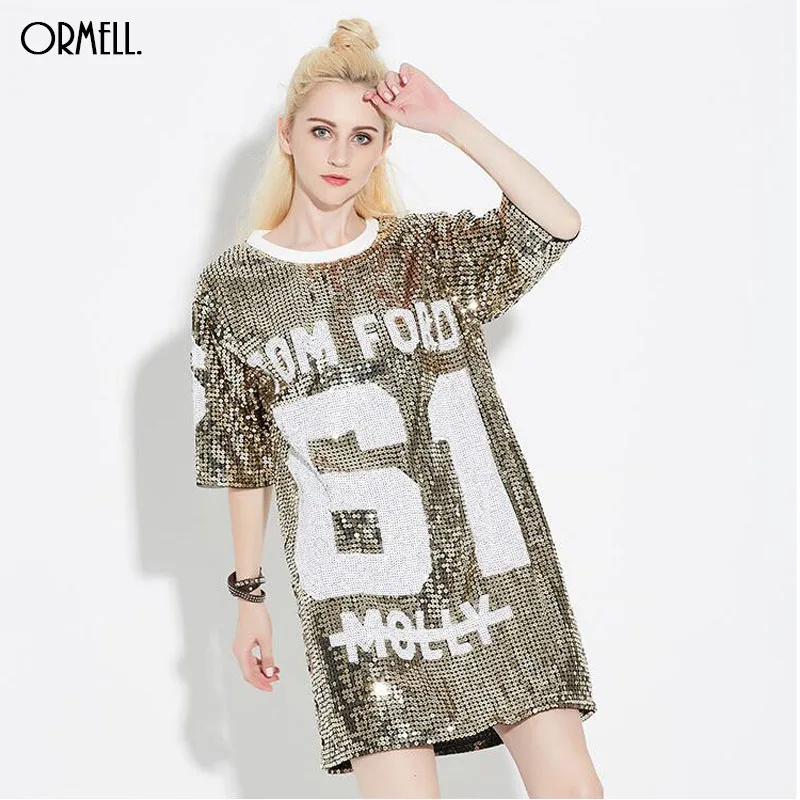 

ORMELL Women Loose Long Letters Print Glitters T Shirt Half Sleeve Shirt Tee Clothing Femininas O-Neck Vintage Casual Tops