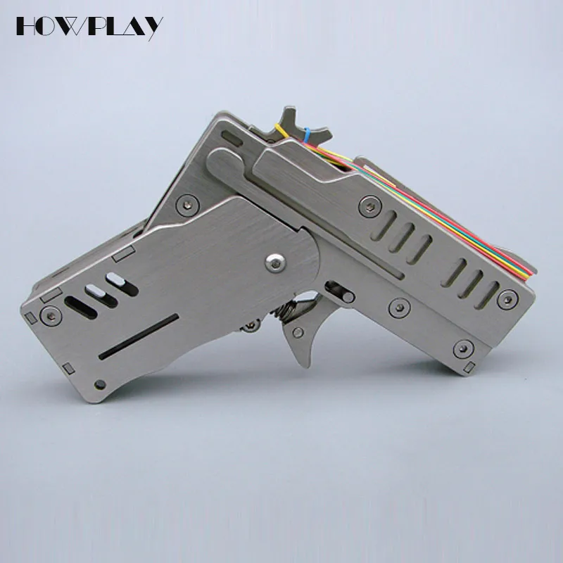 

HowPlay rubber band gun metal Mini toy guns Folding 6 bursts Of Bullets Shoot pistol toy gun weapons war game gift for boy men