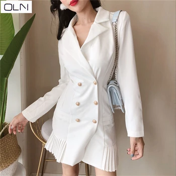 

Elegant ruffle double breasted women dress Office casual blazer white dress 2019 spring summer slim suit ladies dresses