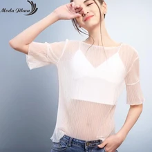 Moda Jihan, новинка, женская футболка, сексуальная, прозрачная, шифон, короткий рукав, Sringy Selvedge, женские топы, мягкий полиэстер, женские футболки