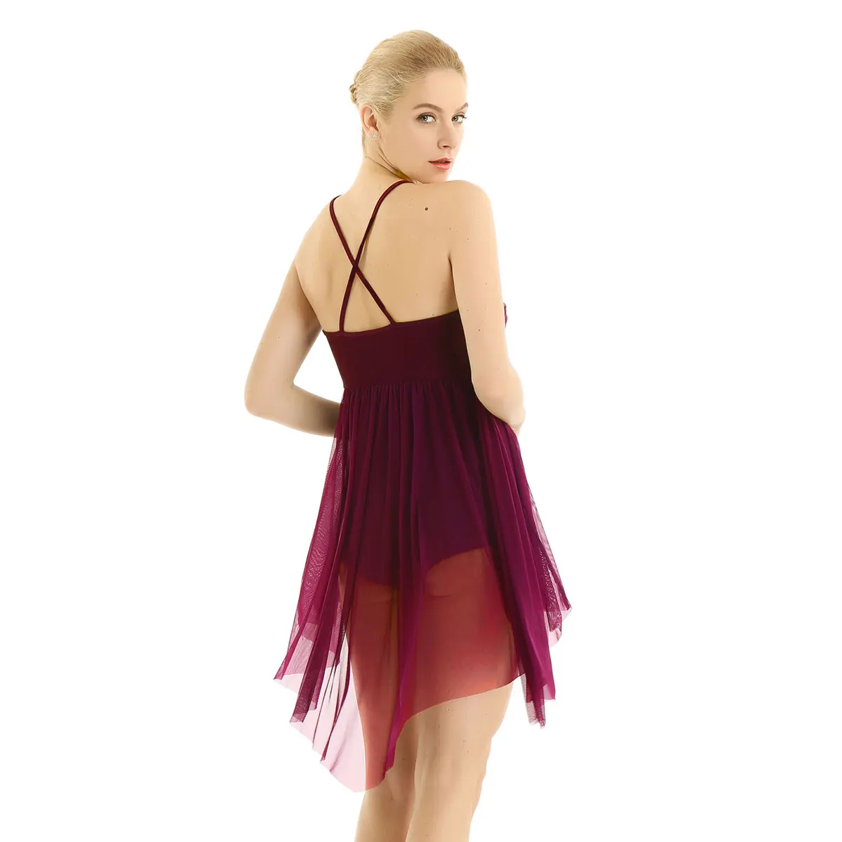 Women Ballet Leotard Dress Spaghetti Strap Sleeveless Asymmetric Mesh Criss Cross Back Sequined Leotard Bodysuit Ballet Dress