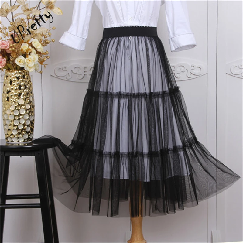

Spring Women Mesh Lace Long Skirt Summer Casual Elegant Sexy Transparent Tulle High Waist Patchwork Underskirt Black Skirt D137