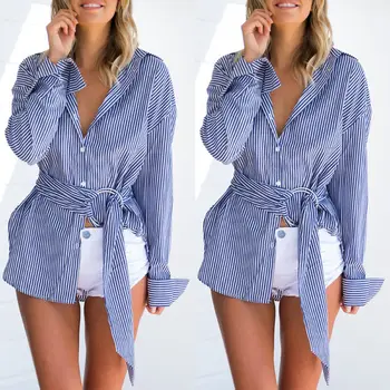 

Fashion Women Ladies Long Sleeve V-neck Shirts Tops Slimming Casual Blouse Summer Women Sexy Striped Shirts
