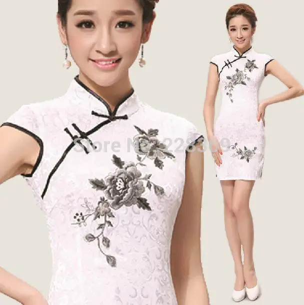 plus size short cotton white cheongsam qipao dresses 2016 slim fashion embroidery chinese 