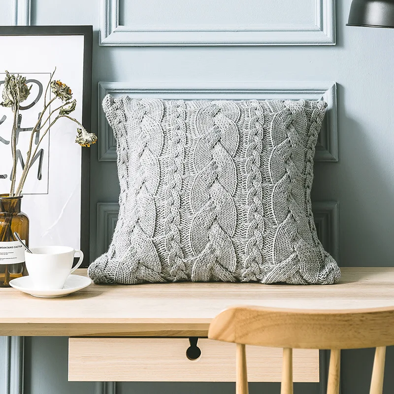 

45*45cm Gray Knitted Wool Cushion Cover Super Soft Pillow Cover Sofa Bedroom Decorative Pillows Square Throw Pillows Covers