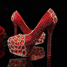 Newest round toe red crystals with Red diamonds rhinestones bridal wedding shoes Red Beautiful High-heeled Prom Shoes Plus size