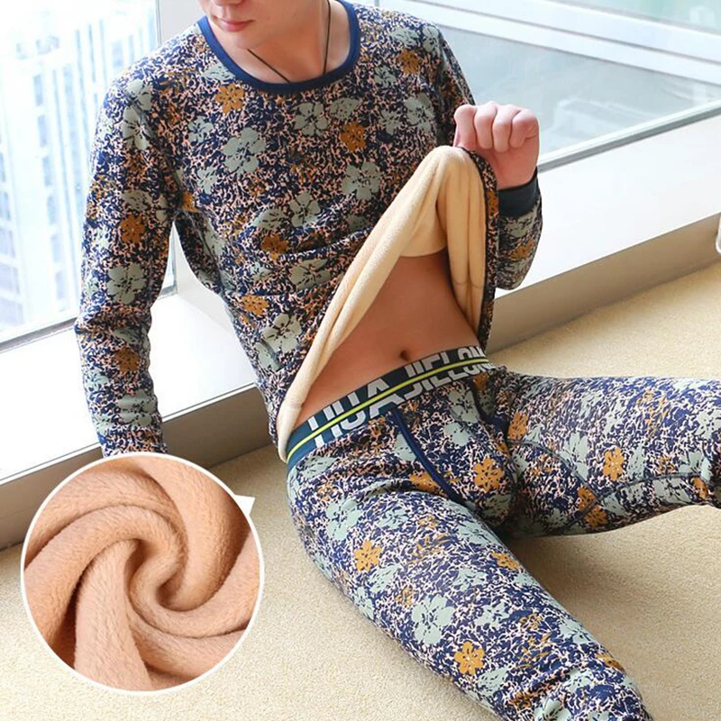 KWAN.Z men's Thermal underwear thick plus long johns cashmere printing thermo thick pajamas compression underwear top leggings