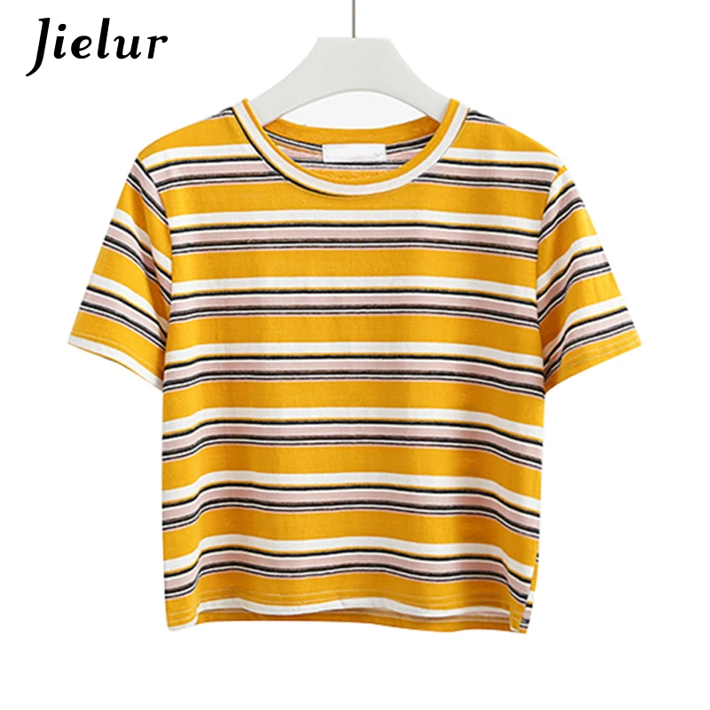 

Jielur Chic Hit Color Yellow Striped Crop Top Femme Korean T Shirt Women Summer 2018 Harajuku Hipster Loose Camiseta Feminina