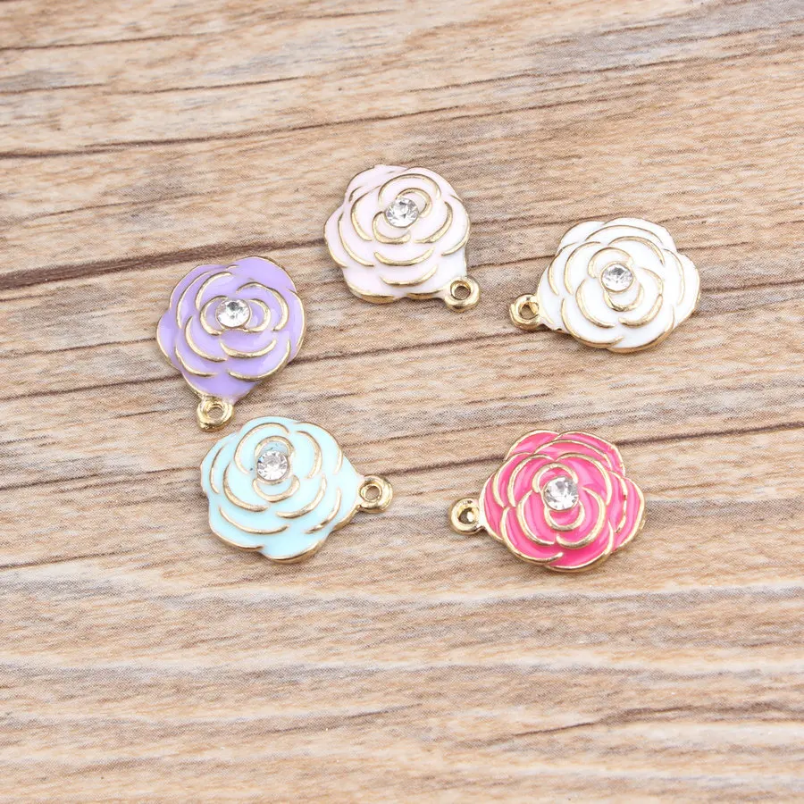 

10Pcs DIY Fashion Charms Gift Enamels Rhinestone Camellia Alloy Pendant Making Bracelet Necklace Jewelry Accessories
