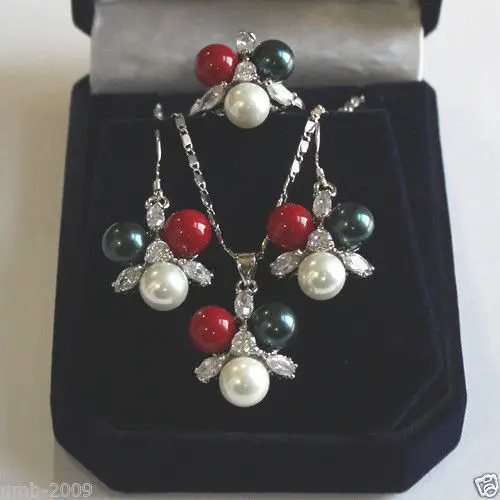 

FREE SHIPPINGFashion 8mm South Sea Shell Pearl Crystal Earrings Pendant Ring Set