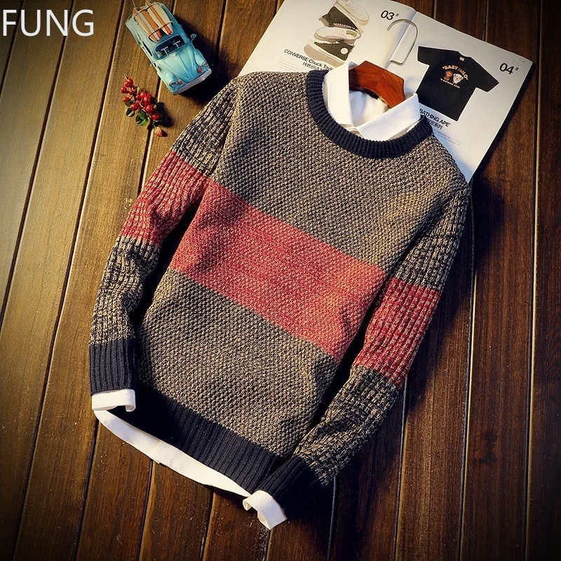 

FUNG Men's Sweater New Fashion Pullovers Casual Cotton Knitted O-Neck Patchwork Designer Sweater Men