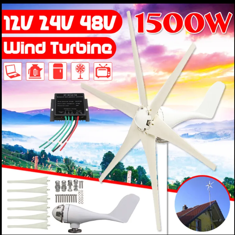 

1500W 12V/24V/48V 6 Blade Wind Turbines+Controller Wind Generator Power Windmill Energy Turbines Charge Home Or Camping