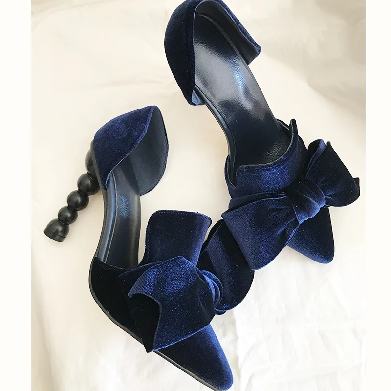 

2018 Hot Spring Autumn Velvet D'Orsay Pumps Big Bow-knot Pointed Toe Shallow Pumps Designer Woman Runway Shoes Party Pumps Tide