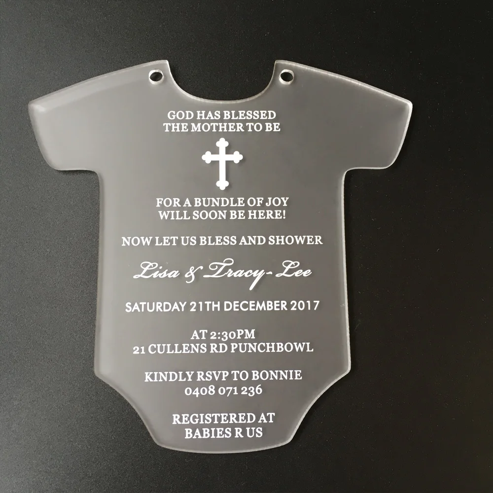  Baby Dress Shape Printing letters 145x145mm Frosted/Clear Acrylic Christening Invitation Card 100pc - 32829580741