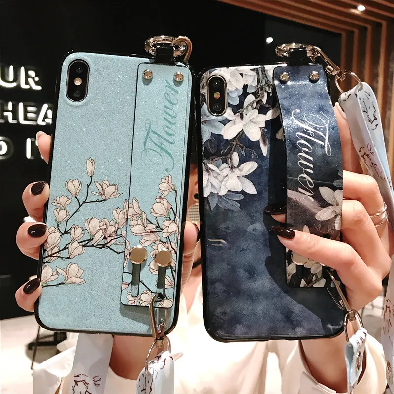 

Lanyard Wrist Strap Holder Stand Phone Case For iPhone 6 6s 7 8 Plus 7plus X XS Max XR 5s Silicone Wristband Cover Flower Coque