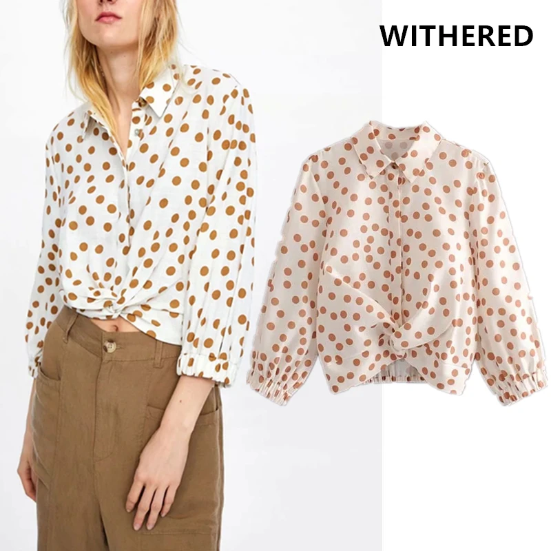 

Withered high street polka dot printing short shirt blusas mujer de moda 2019 kimono bow blouse women womens tops and blouses