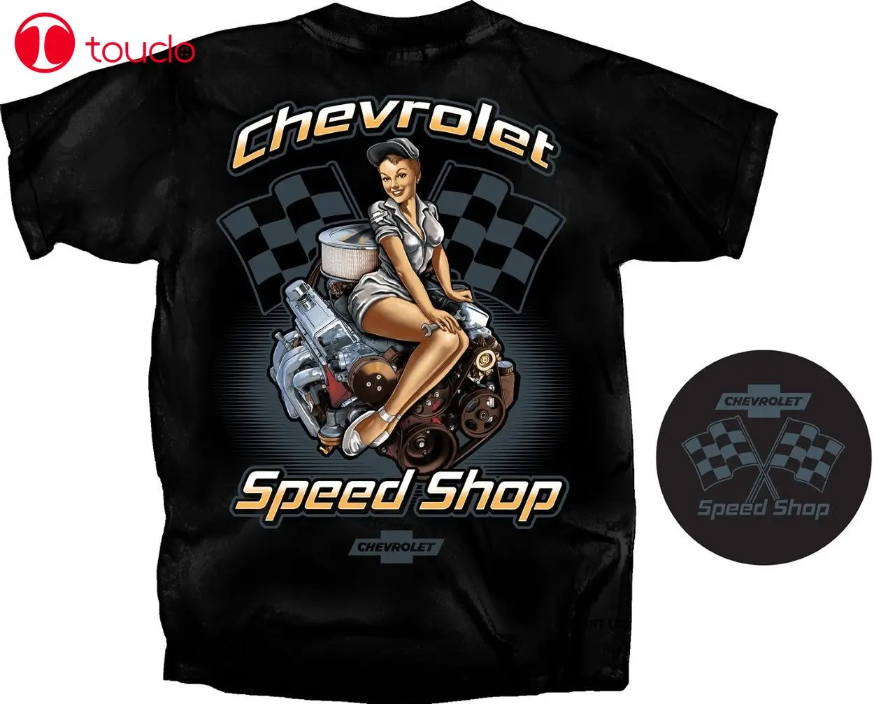 Летняя крутая футболка 2019 для Chevrolet Speed Shop черная с надписью Pin Up и флагами гонок