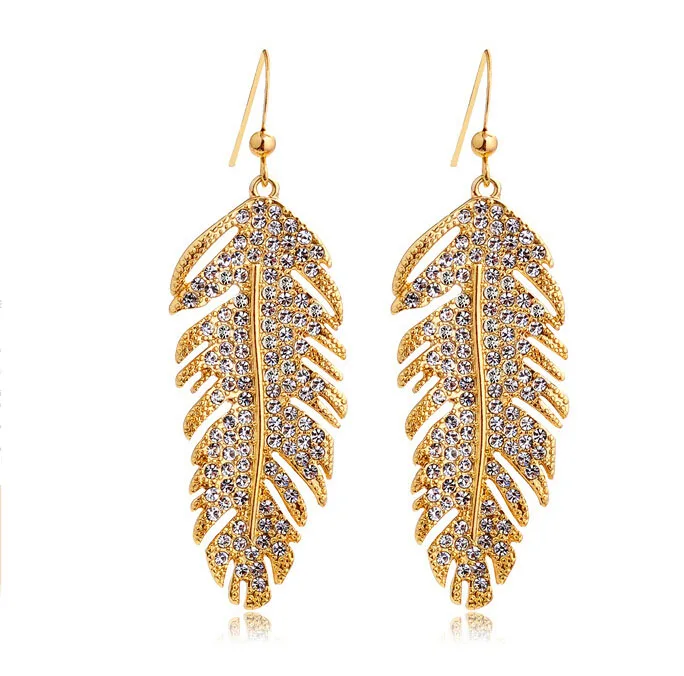 

2015 rhinestones feather crystal leaf pendant drop earrings fashion 18K gold plated women wedding jewelry wear 84138