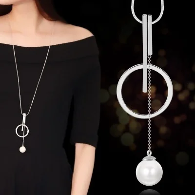 

Pearl Sweater Necklace Elegant Geometric Circle Bar Pearl Pendant Silver Snake Chain Long Necklaces for Women
