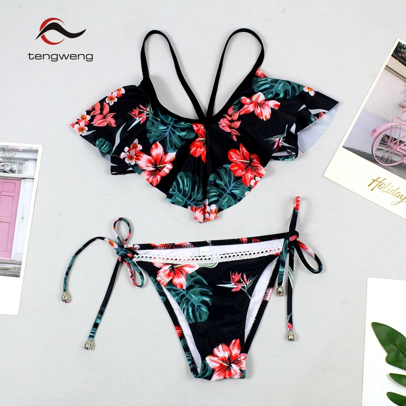 Tengweng 2019 Sexy 2 piece Swimwear Bikinis Women Print Swimsuit Ruffle Bikini Push up Beachwear Plus size Bathing suit bandage