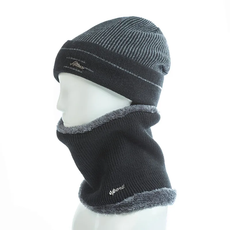 Новинка, зимние шапки для мужчин, высокое качество, на каждый день, Skullies Beanie, шапка, в полоску, дизайн, зимняя шапка, шерстяной шарф, шея, теплая, вязаная шапка - Цвет: Black Set