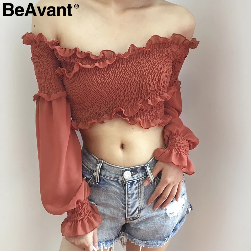 BeAvant плеча тонкий сексуальный короткие футболки Для женщин оборками ruched шифон на