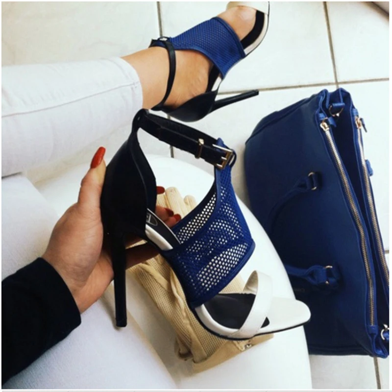 

2019 Women Summer 11.5cm High Heels Sandals Lady Fashion Mesh Pumps Female Footwear Gladiator Strap Blue Stiletto Stripper Shoes