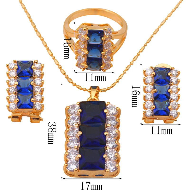 Бренд золотой тон голубой циркон Ювелирные комплекты с кристаллами Серьги Цепочки и ожерелья кулон кольцо комплект ювелирных изделий SZ#6.5#8#9 Модные украшения JS227