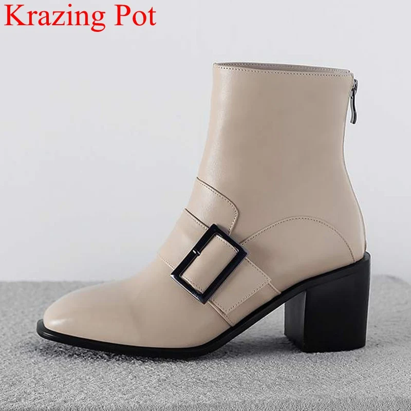 

2018 superstar big size zipper ankle boots square heel genuine leather square toe motorcycle boots buckle winter shoes L27