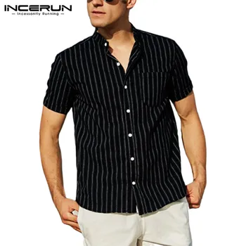 

INCERUN Striped Casual Shirt Men Short Sleeve Button Up Stand Collar Tops Blouse Camisa Brand Business Shirt Streetwear 2020 5XL
