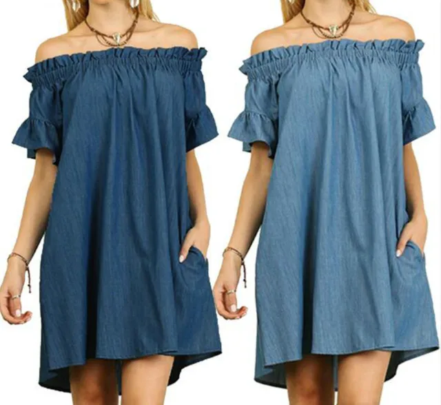 Plus Size Summer Dress Denim Women With Bare Shoulders Short Sleeve Plus Size Summer Dress Denim Women With Bare Shoulders Short Sleeve Pockets Loose Casual T