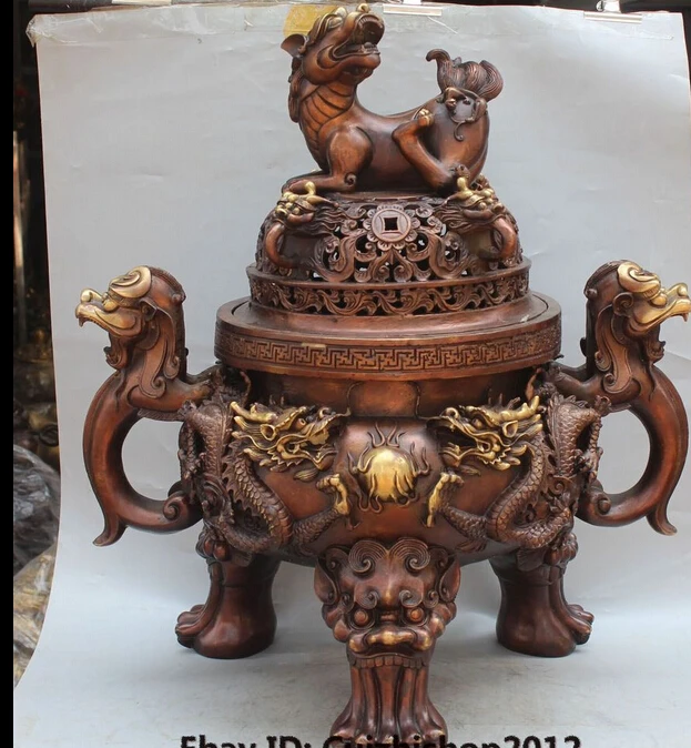 

19" Folk Chinese Bronze Gilt Dragon Statue Foo Fu Dog Lion incense burner Censer R0709 B0403