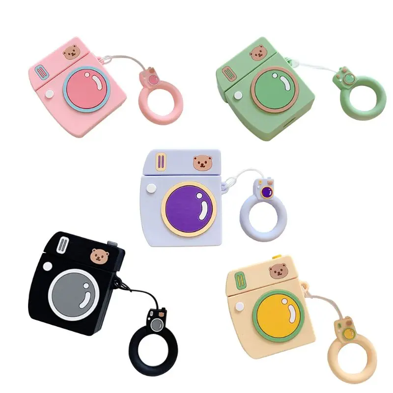 

New Unique Camera Bear Pattern Soft Silicone Protective Cover Shockproof Case Skin with Lanyard for Airpods 1/2 Charging Box