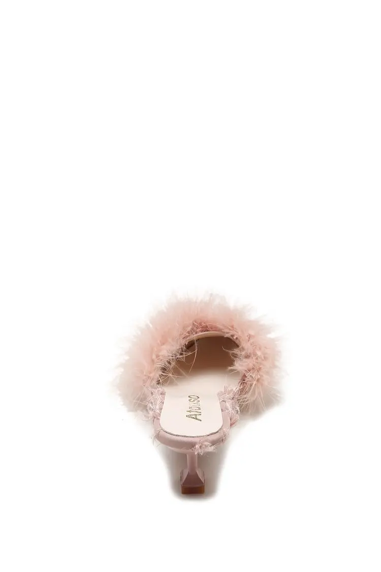 Обувь без задника; женские меховые шлепанцы на высоком каблуке; пикантные женские туфли розового и белого цвета; меховой пушистый цвет; женская обувь; Mujer; сезон осень года