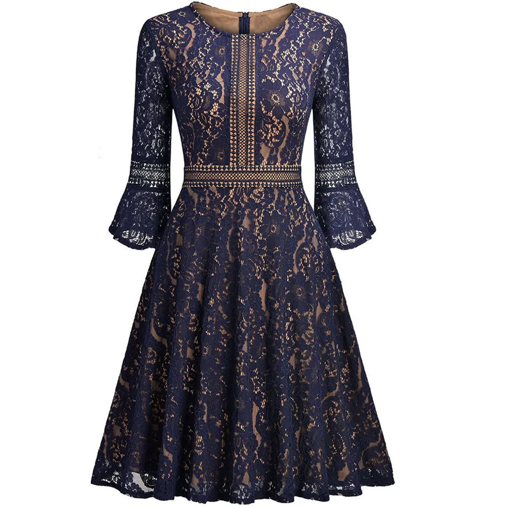 Spring Autumn Lace Dress 3/4 Sleeve O Neck Vestidos de Renda A Line Knee Length Casual Dress Party Cocktail 2018 Vestidos Mujer