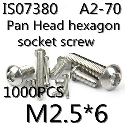 

1000pcs/lot Stainless Steel 304 ISO7380 M2.5*6 Pan Head Hexagon Socket Button Head Cap Screws
