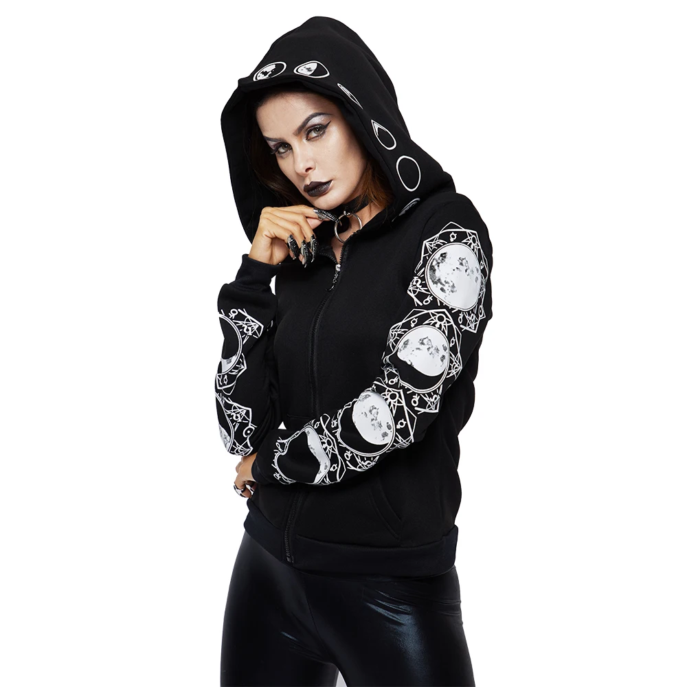  Sisjuly Vintage Gothic Black Hoodie Crescent Moon Zipper Pocket Hooded Hoodies Women Spring Pentacl